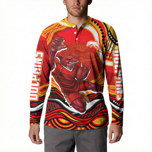 Personalized Redcliffe Dolphins Button Sweatshirt Aboriginal Dot Art - Dreamtime Rugby Mascot