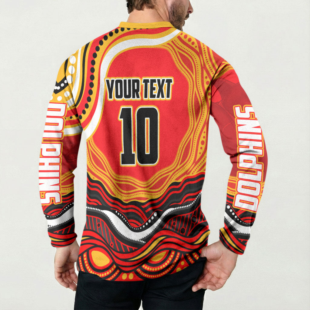 Personalized Redcliffe Dolphins Button Sweatshirt Aboriginal Dot Art - Dreamtime Rugby Mascot