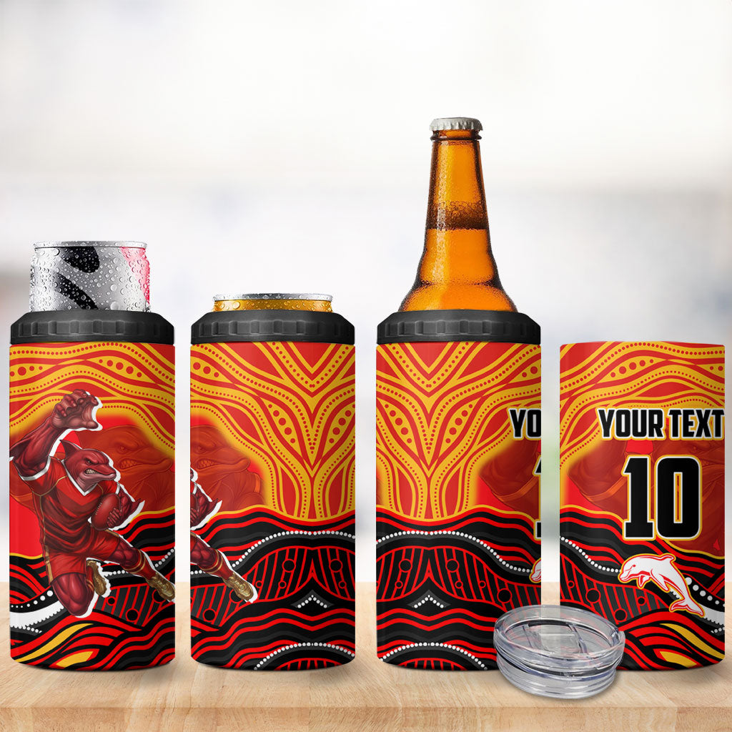 Personalized Redcliffe Dolphins 4 in 1 Can Cooler Tumbler Aboriginal Dot Art - Dreamtime Rugby Mascot