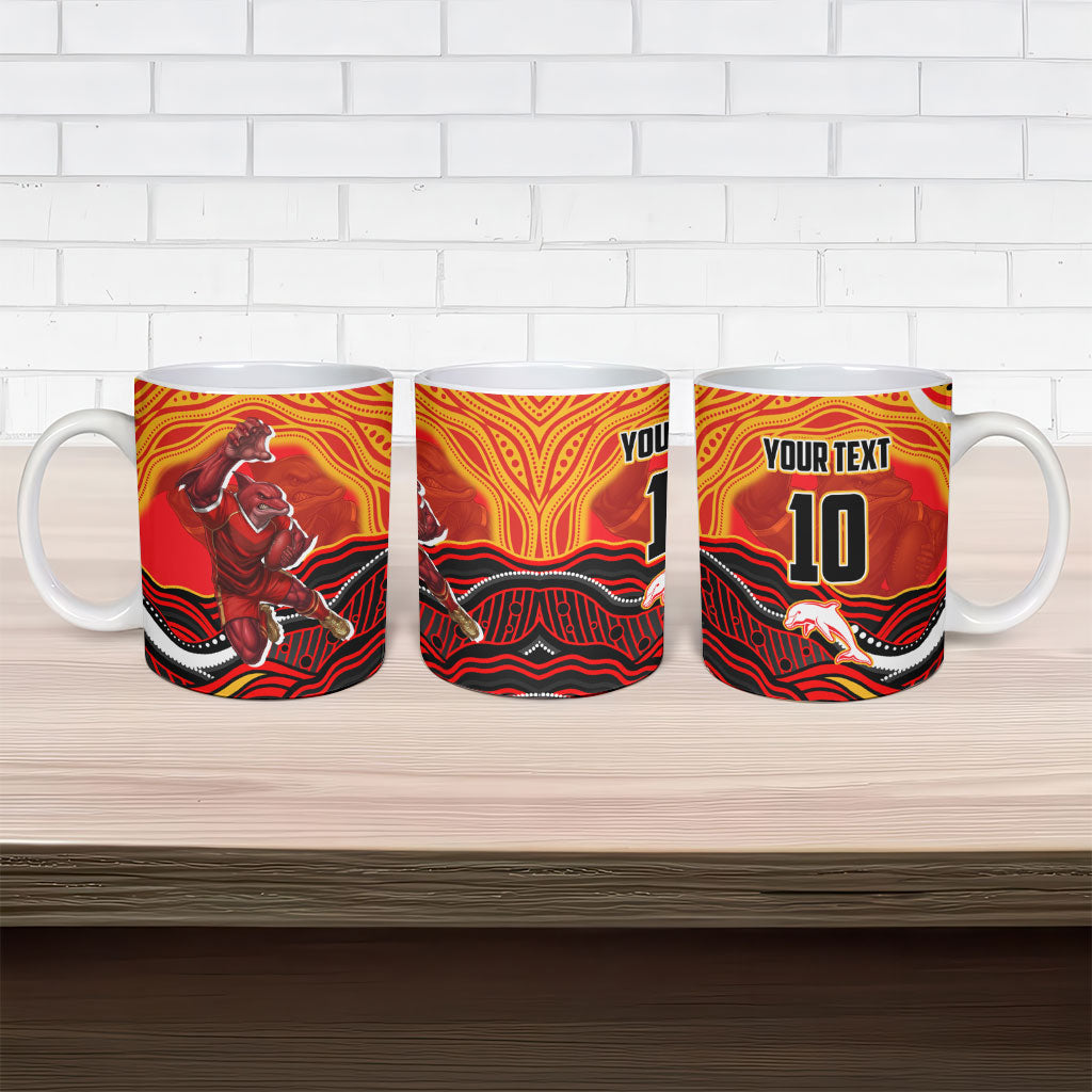 Personalized Redcliffe Dolphins Ceramic Mug Aboriginal Dot Art - Dreamtime Rugby Mascot
