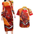 Personalized Redcliffe Dolphins Couples Matching Long Sleeve Bodycon Dress and Hawaiian Shirt Aboriginal Dot Art - Dreamtime Rugby Mascot