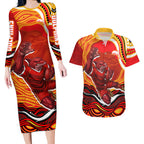 Personalized Redcliffe Dolphins Couples Matching Long Sleeve Bodycon Dress and Hawaiian Shirt Aboriginal Dot Art - Dreamtime Rugby Mascot