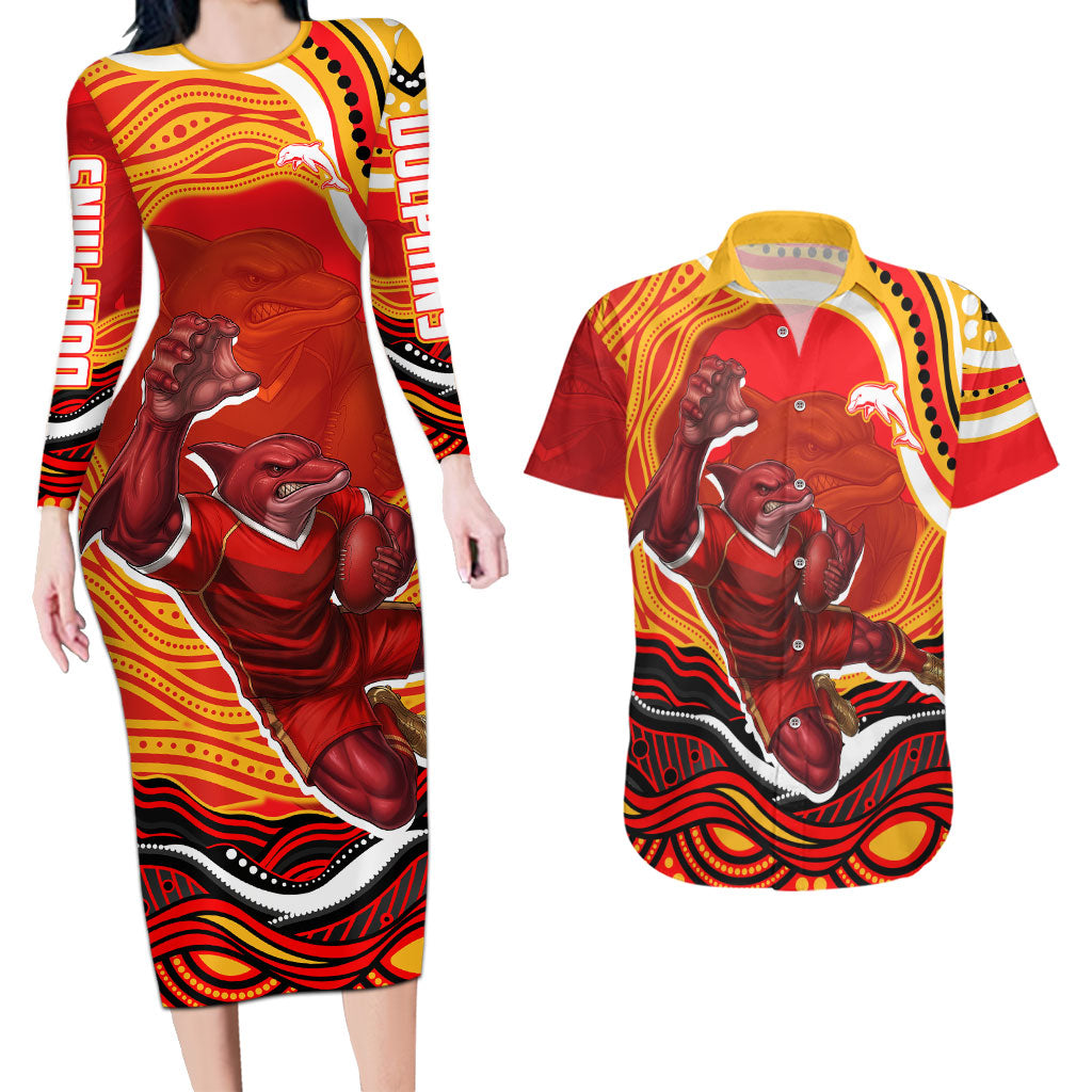 Personalized Redcliffe Dolphins Couples Matching Long Sleeve Bodycon Dress and Hawaiian Shirt Aboriginal Dot Art - Dreamtime Rugby Mascot