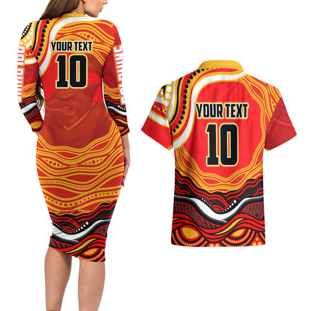 Personalized Redcliffe Dolphins Couples Matching Long Sleeve Bodycon Dress and Hawaiian Shirt Aboriginal Dot Art - Dreamtime Rugby Mascot