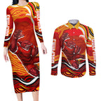 Personalized Redcliffe Dolphins Couples Matching Long Sleeve Bodycon Dress and Long Sleeve Button Shirt Aboriginal Dot Art - Dreamtime Rugby Mascot