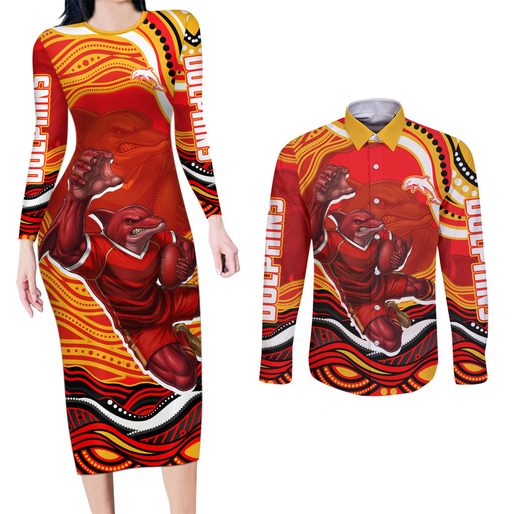 Personalized Redcliffe Dolphins Couples Matching Long Sleeve Bodycon Dress and Long Sleeve Button Shirt Aboriginal Dot Art - Dreamtime Rugby Mascot