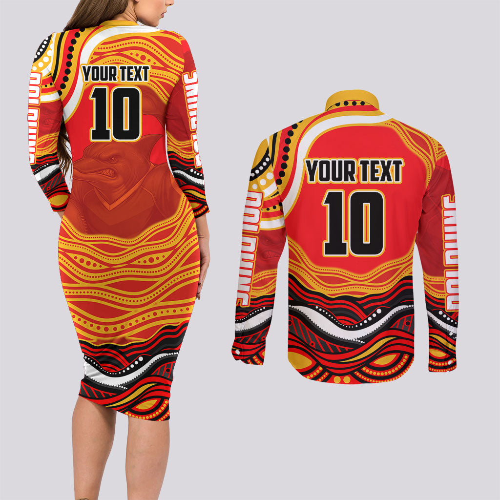 Personalized Redcliffe Dolphins Couples Matching Long Sleeve Bodycon Dress and Long Sleeve Button Shirt Aboriginal Dot Art - Dreamtime Rugby Mascot