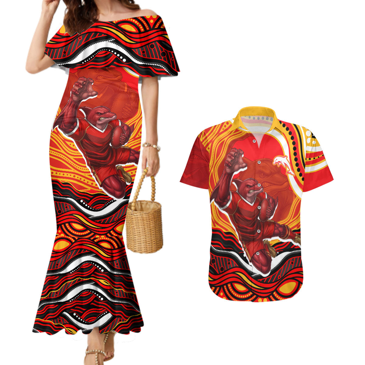 Personalized Redcliffe Dolphins Couples Matching Mermaid Dress and Hawaiian Shirt Aboriginal Dot Art - Dreamtime Rugby Mascot