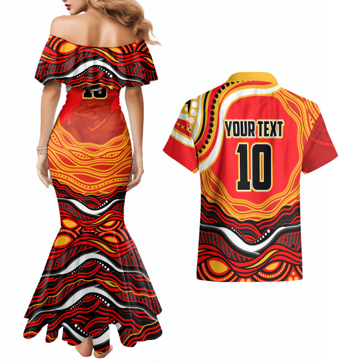 Personalized Redcliffe Dolphins Couples Matching Mermaid Dress and Hawaiian Shirt Aboriginal Dot Art - Dreamtime Rugby Mascot