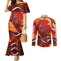 Personalized Redcliffe Dolphins Couples Matching Mermaid Dress and Long Sleeve Button Shirt Aboriginal Dot Art - Dreamtime Rugby Mascot