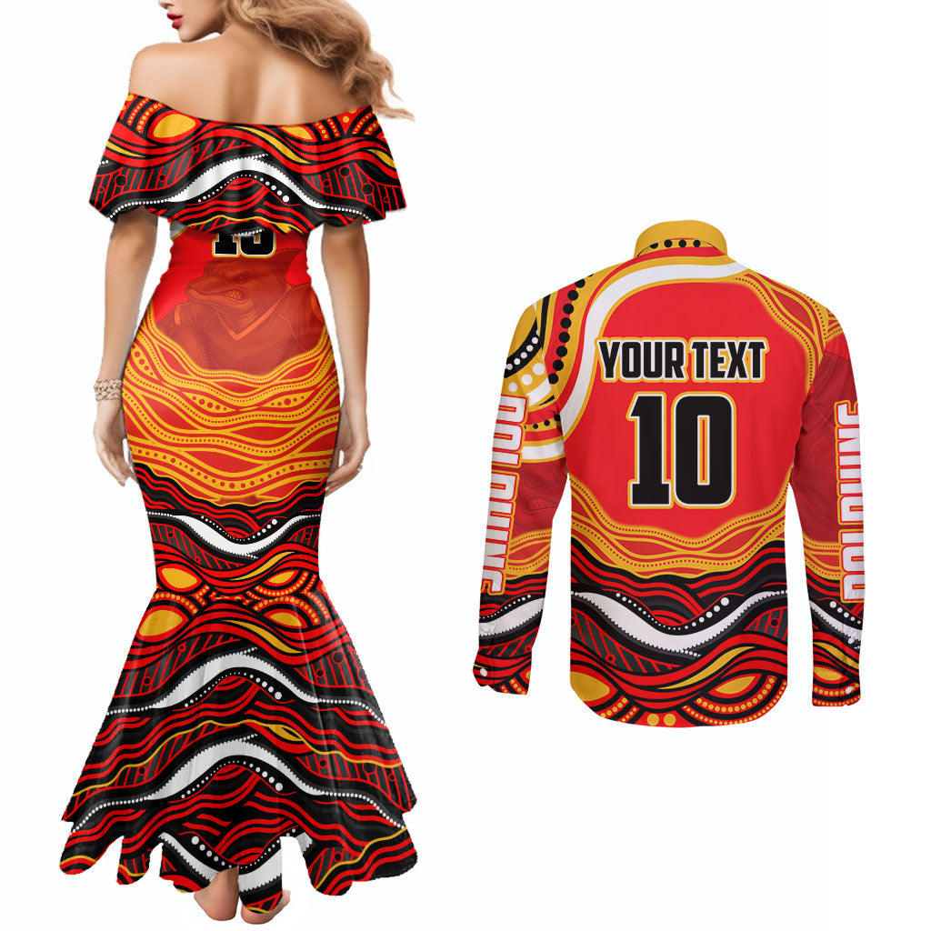 Personalized Redcliffe Dolphins Couples Matching Mermaid Dress and Long Sleeve Button Shirt Aboriginal Dot Art - Dreamtime Rugby Mascot