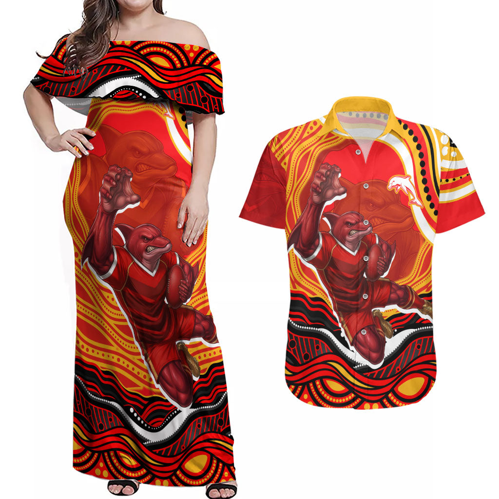 Personalized Redcliffe Dolphins Couples Matching Off Shoulder Maxi Dress and Hawaiian Shirt Aboriginal Dot Art - Dreamtime Rugby Mascot