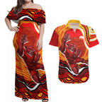 Personalized Redcliffe Dolphins Couples Matching Off Shoulder Maxi Dress and Hawaiian Shirt Aboriginal Dot Art - Dreamtime Rugby Mascot