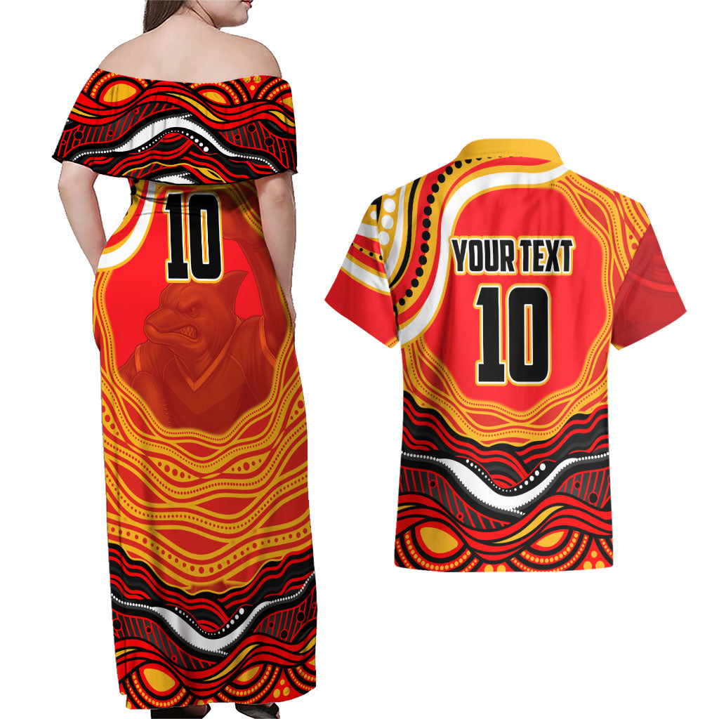 Personalized Redcliffe Dolphins Couples Matching Off Shoulder Maxi Dress and Hawaiian Shirt Aboriginal Dot Art - Dreamtime Rugby Mascot