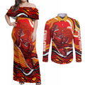 Personalized Redcliffe Dolphins Couples Matching Off Shoulder Maxi Dress and Long Sleeve Button Shirt Aboriginal Dot Art - Dreamtime Rugby Mascot