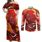 Personalized Redcliffe Dolphins Couples Matching Off Shoulder Maxi Dress and Long Sleeve Button Shirt Aboriginal Dot Art - Dreamtime Rugby Mascot