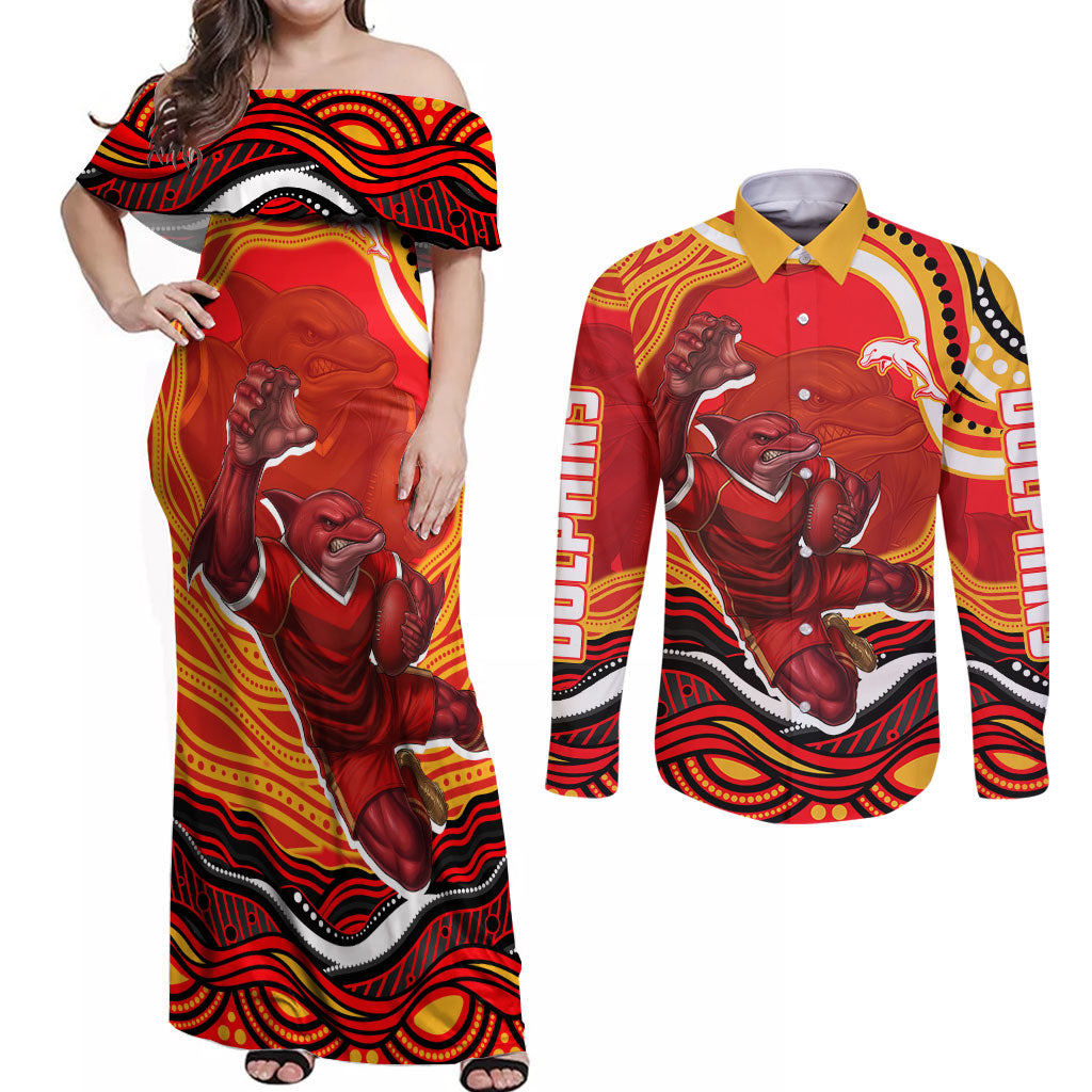 Personalized Redcliffe Dolphins Couples Matching Off Shoulder Maxi Dress and Long Sleeve Button Shirt Aboriginal Dot Art - Dreamtime Rugby Mascot