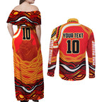 Personalized Redcliffe Dolphins Couples Matching Off Shoulder Maxi Dress and Long Sleeve Button Shirt Aboriginal Dot Art - Dreamtime Rugby Mascot