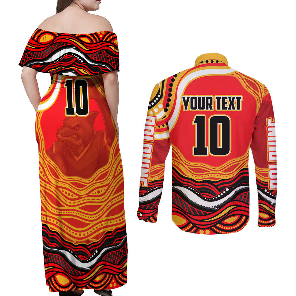 Personalized Redcliffe Dolphins Couples Matching Off Shoulder Maxi Dress and Long Sleeve Button Shirt Aboriginal Dot Art - Dreamtime Rugby Mascot
