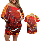 Personalized Redcliffe Dolphins Couples Matching Off Shoulder Short Dress and Hawaiian Shirt Aboriginal Dot Art - Dreamtime Rugby Mascot