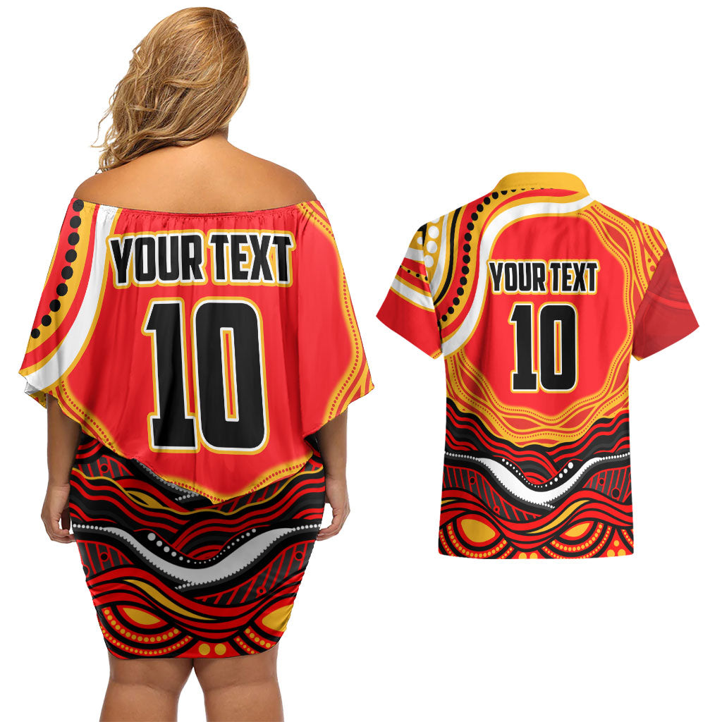 Personalized Redcliffe Dolphins Couples Matching Off Shoulder Short Dress and Hawaiian Shirt Aboriginal Dot Art - Dreamtime Rugby Mascot