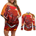 Personalized Redcliffe Dolphins Couples Matching Off Shoulder Short Dress and Long Sleeve Button Shirt Aboriginal Dot Art - Dreamtime Rugby Mascot