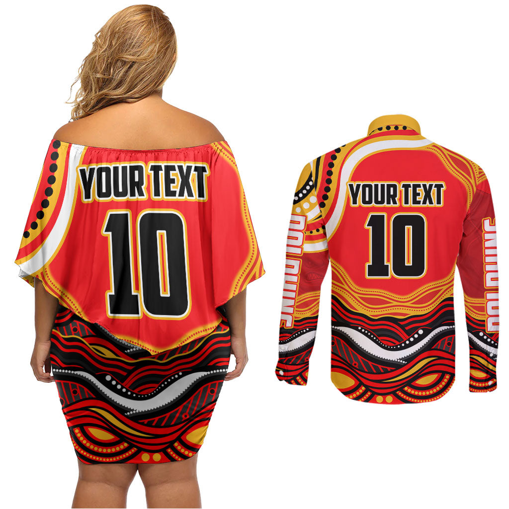 Personalized Redcliffe Dolphins Couples Matching Off Shoulder Short Dress and Long Sleeve Button Shirt Aboriginal Dot Art - Dreamtime Rugby Mascot