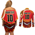 Personalized Redcliffe Dolphins Couples Matching Off Shoulder Short Dress and Long Sleeve Button Shirt Aboriginal Dot Art - Dreamtime Rugby Mascot