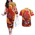 Personalized Redcliffe Dolphins Couples Matching Off The Shoulder Long Sleeve Dress and Hawaiian Shirt Aboriginal Dot Art - Dreamtime Rugby Mascot