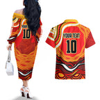 Personalized Redcliffe Dolphins Couples Matching Off The Shoulder Long Sleeve Dress and Hawaiian Shirt Aboriginal Dot Art - Dreamtime Rugby Mascot