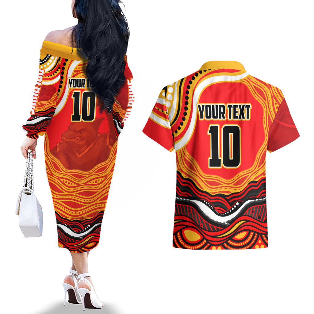 Personalized Redcliffe Dolphins Couples Matching Off The Shoulder Long Sleeve Dress and Hawaiian Shirt Aboriginal Dot Art - Dreamtime Rugby Mascot