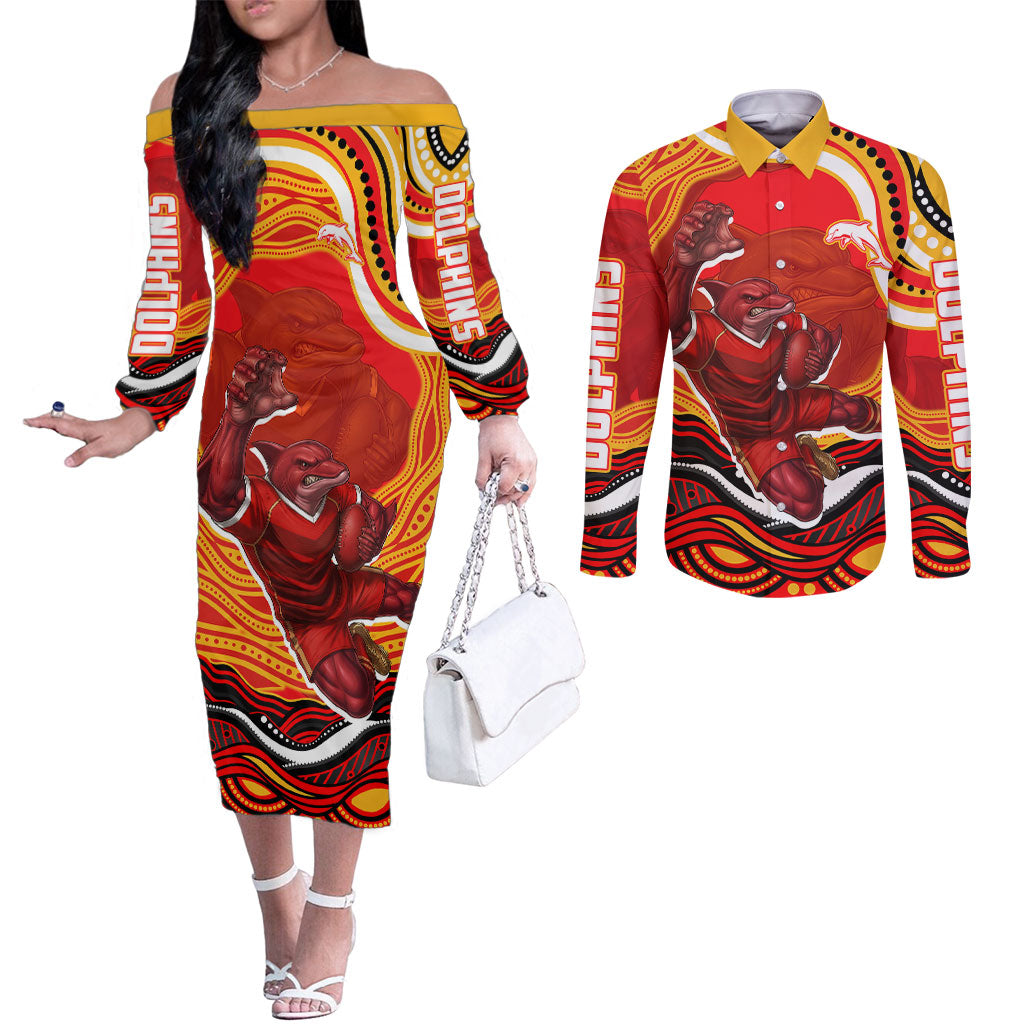 Personalized Redcliffe Dolphins Couples Matching Off The Shoulder Long Sleeve Dress and Long Sleeve Button Shirt Aboriginal Dot Art - Dreamtime Rugby Mascot