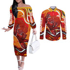 Personalized Redcliffe Dolphins Couples Matching Off The Shoulder Long Sleeve Dress and Long Sleeve Button Shirt Aboriginal Dot Art - Dreamtime Rugby Mascot