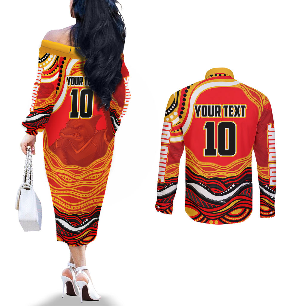 Personalized Redcliffe Dolphins Couples Matching Off The Shoulder Long Sleeve Dress and Long Sleeve Button Shirt Aboriginal Dot Art - Dreamtime Rugby Mascot