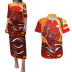Personalized Redcliffe Dolphins Couples Matching Puletasi and Hawaiian Shirt Aboriginal Dot Art - Dreamtime Rugby Mascot