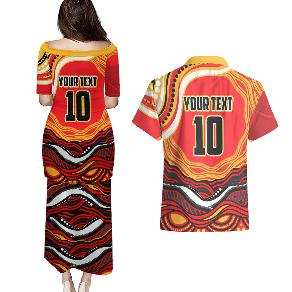 Personalized Redcliffe Dolphins Couples Matching Puletasi and Hawaiian Shirt Aboriginal Dot Art - Dreamtime Rugby Mascot