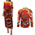 Personalized Redcliffe Dolphins Couples Matching Puletasi and Long Sleeve Button Shirt Aboriginal Dot Art - Dreamtime Rugby Mascot