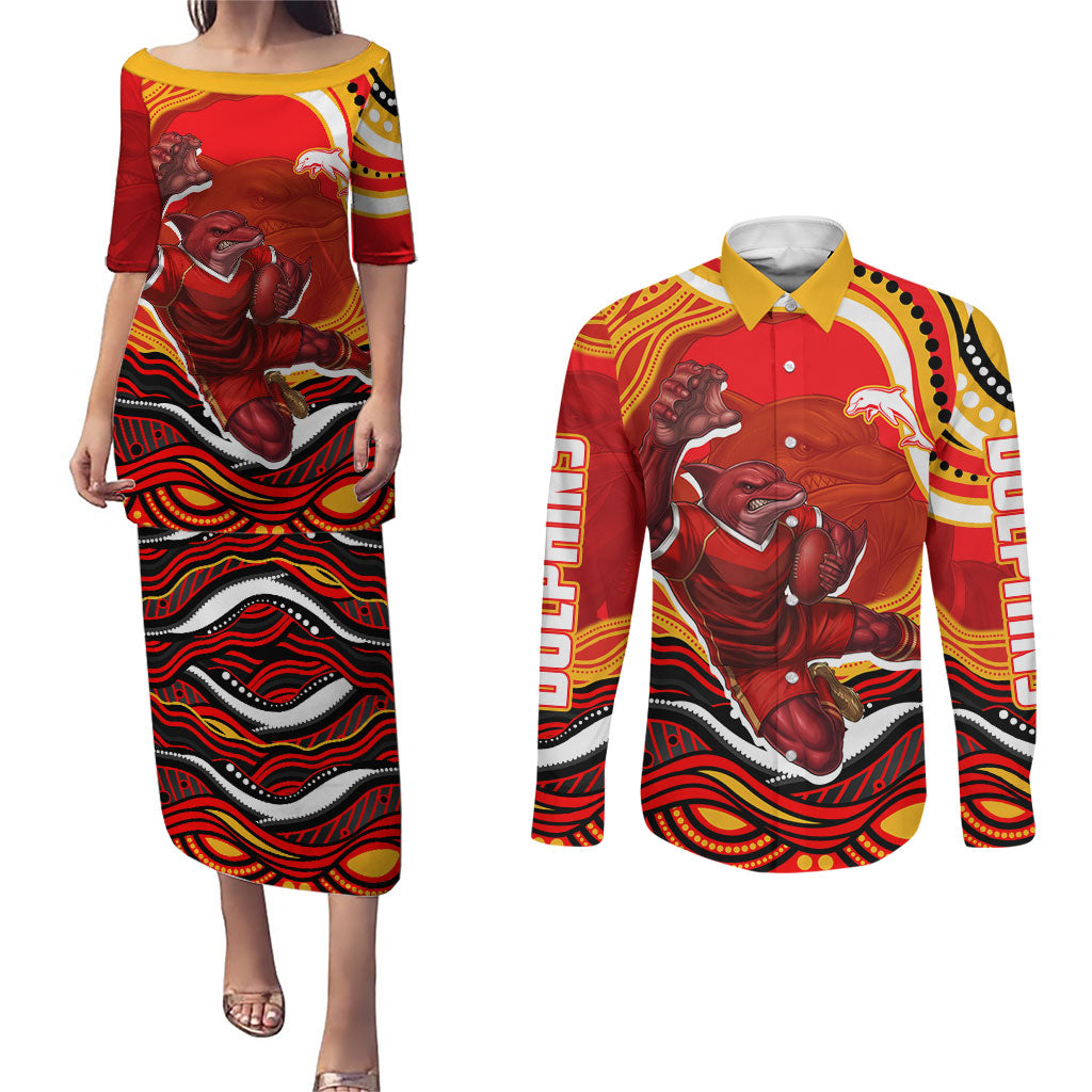 Personalized Redcliffe Dolphins Couples Matching Puletasi and Long Sleeve Button Shirt Aboriginal Dot Art - Dreamtime Rugby Mascot