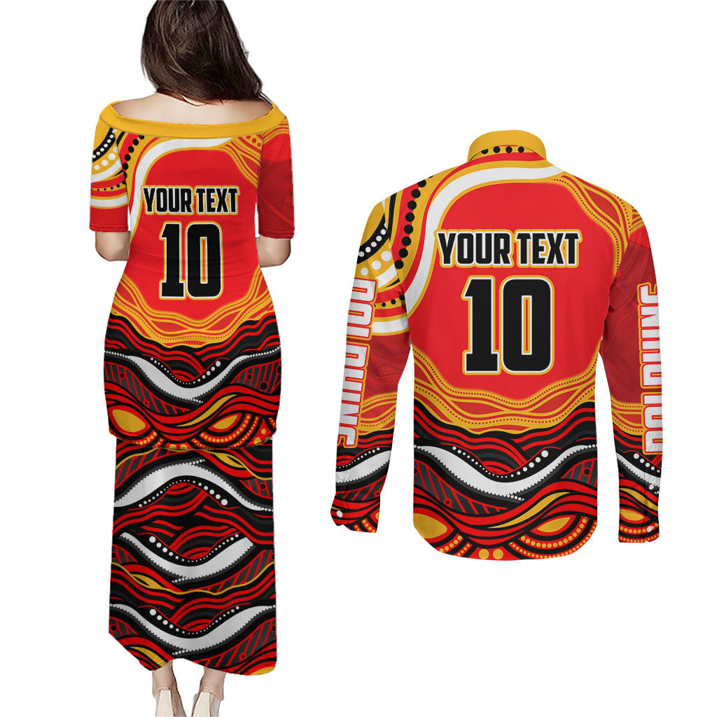 Personalized Redcliffe Dolphins Couples Matching Puletasi and Long Sleeve Button Shirt Aboriginal Dot Art - Dreamtime Rugby Mascot