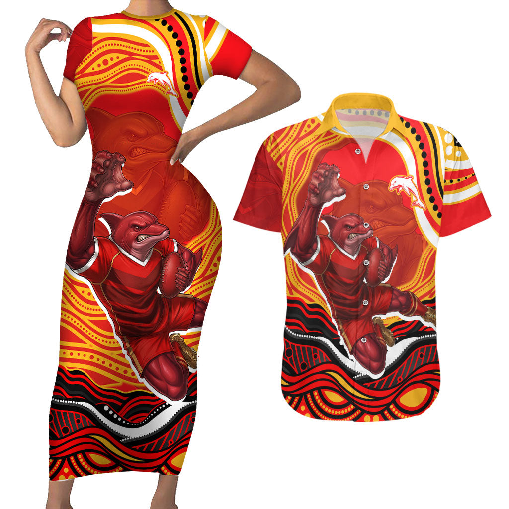 Personalized Redcliffe Dolphins Couples Matching Short Sleeve Bodycon Dress and Hawaiian Shirt Aboriginal Dot Art - Dreamtime Rugby Mascot
