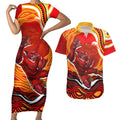 Personalized Redcliffe Dolphins Couples Matching Short Sleeve Bodycon Dress and Hawaiian Shirt Aboriginal Dot Art - Dreamtime Rugby Mascot