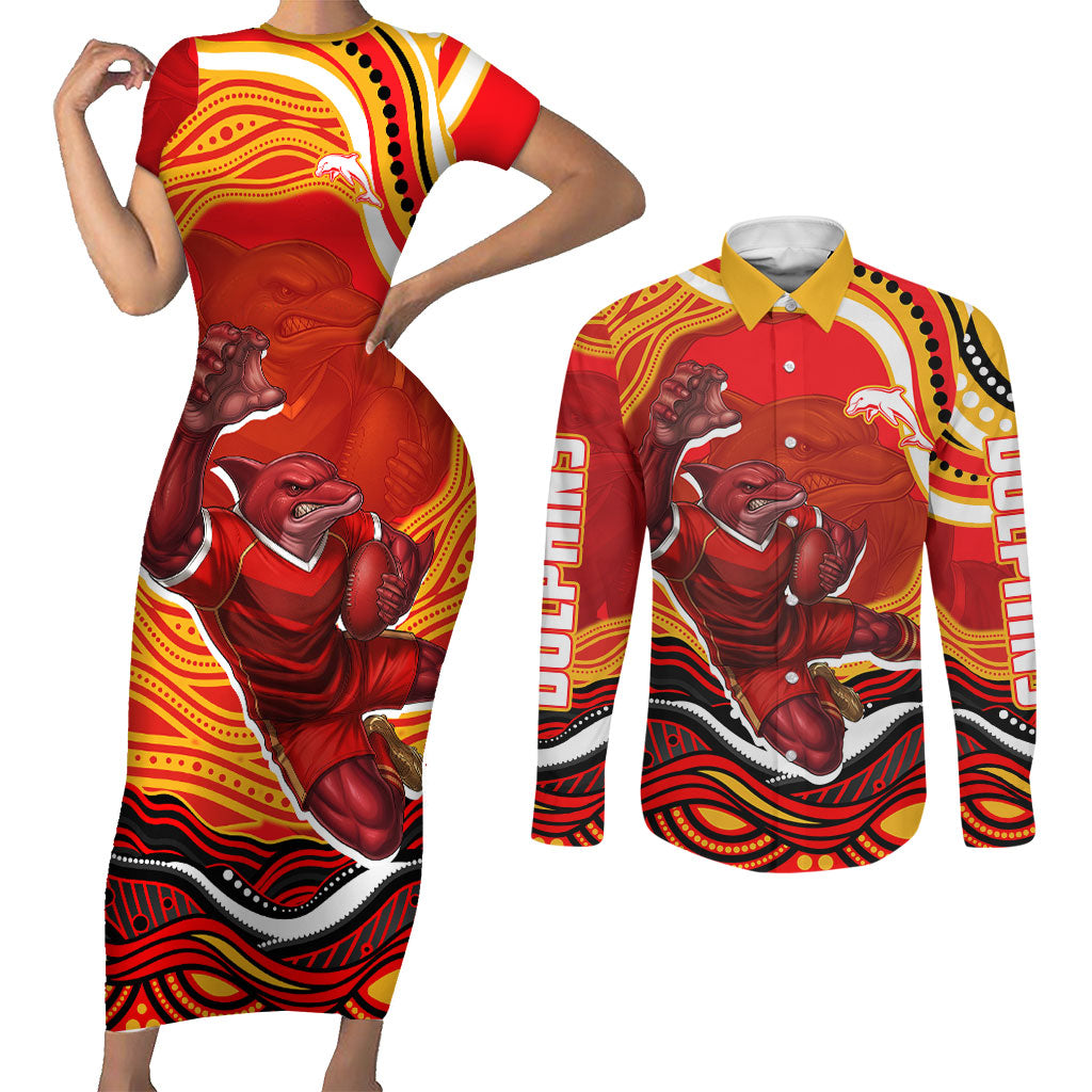 Personalized Redcliffe Dolphins Couples Matching Short Sleeve Bodycon Dress and Long Sleeve Button Shirt Aboriginal Dot Art - Dreamtime Rugby Mascot