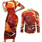 Personalized Redcliffe Dolphins Couples Matching Short Sleeve Bodycon Dress and Long Sleeve Button Shirt Aboriginal Dot Art - Dreamtime Rugby Mascot