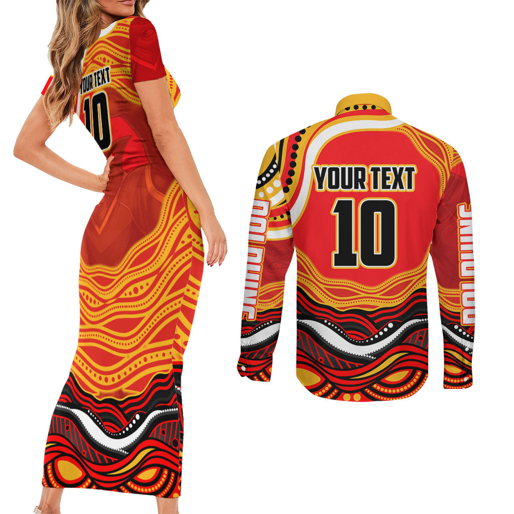 Personalized Redcliffe Dolphins Couples Matching Short Sleeve Bodycon Dress and Long Sleeve Button Shirt Aboriginal Dot Art - Dreamtime Rugby Mascot