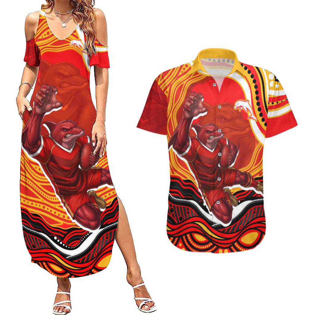 Personalized Redcliffe Dolphins Couples Matching Summer Maxi Dress and Hawaiian Shirt Aboriginal Dot Art - Dreamtime Rugby Mascot