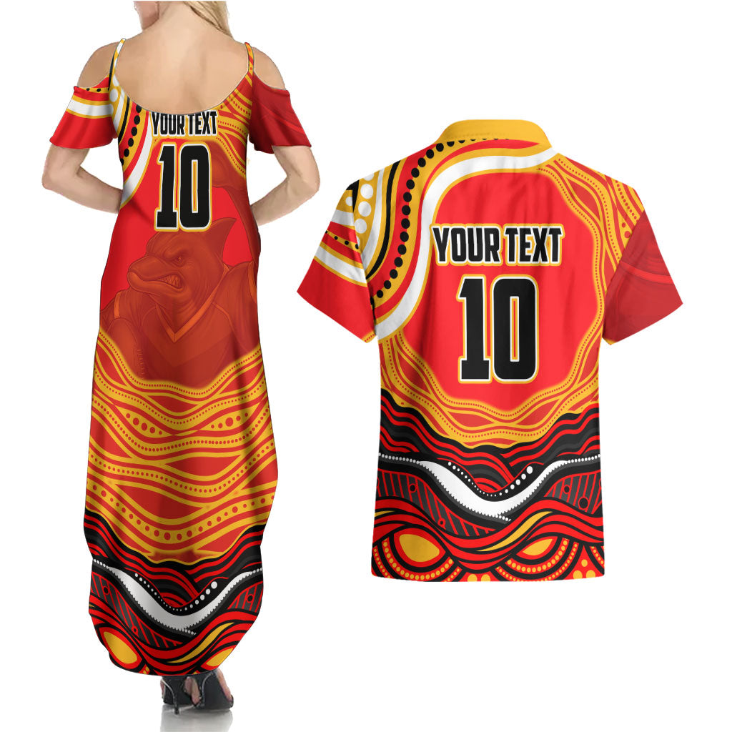 Personalized Redcliffe Dolphins Couples Matching Summer Maxi Dress and Hawaiian Shirt Aboriginal Dot Art - Dreamtime Rugby Mascot