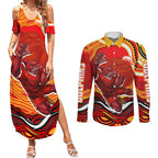Personalized Redcliffe Dolphins Couples Matching Summer Maxi Dress and Long Sleeve Button Shirt Aboriginal Dot Art - Dreamtime Rugby Mascot