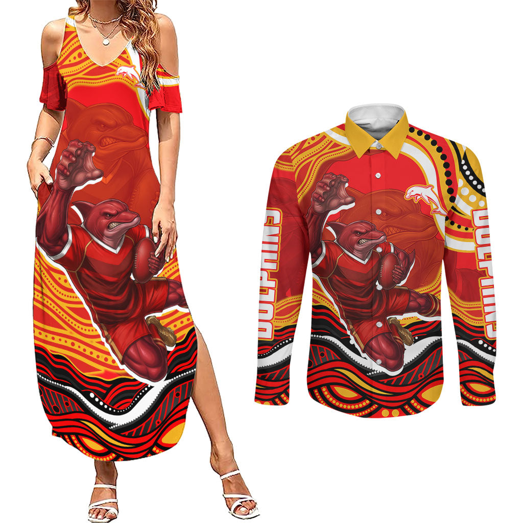 Personalized Redcliffe Dolphins Couples Matching Summer Maxi Dress and Long Sleeve Button Shirt Aboriginal Dot Art - Dreamtime Rugby Mascot