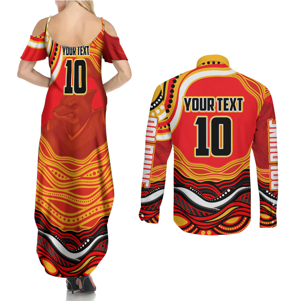 Personalized Redcliffe Dolphins Couples Matching Summer Maxi Dress and Long Sleeve Button Shirt Aboriginal Dot Art - Dreamtime Rugby Mascot