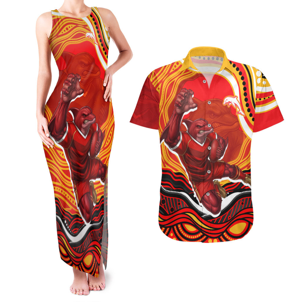 Personalized Redcliffe Dolphins Couples Matching Tank Maxi Dress and Hawaiian Shirt Aboriginal Dot Art - Dreamtime Rugby Mascot